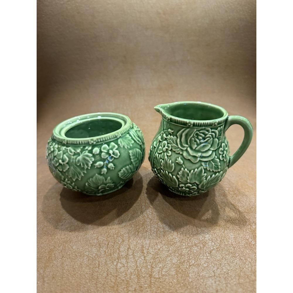 Tiffany & Co. Strawberry & Vine Green Majolica Cream & Sugar Set Portugal
